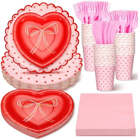 Zhehao 144 Pcs Valentine's Day Party Supplies Set for 24 Red Heart Bow Decorations Valentines Love Plates and Napkins Disposable Cup Valentine Tableware for Wedding Gathering Engagements Anniversary in Saudi Arabia