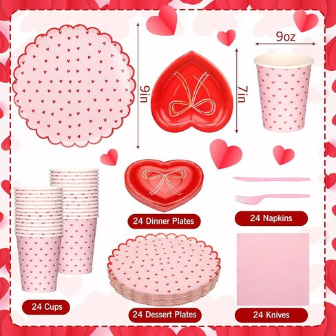 Zhehao 144 Pcs Valentine's Day Party Supplies Set for 24 Red Heart Bow Decorations Valentines Love Plates and Napkins Disposable Cup Valentine Tableware for Wedding Gathering Engagements Anniversary in Saudi Arabia