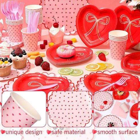 Zhehao 144 Pcs Valentine's Day Party Supplies Set for 24 Red Heart Bow Decorations Valentines Love Plates and Napkins Disposable Cup Valentine Tableware for Wedding Gathering Engagements Anniversary in Saudi Arabia