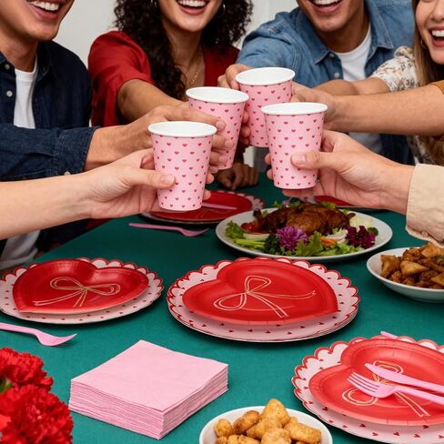 Zhehao 144 Pcs Valentine's Day Party Supplies Set for 24 Red Heart Bow Decorations Valentines Love Plates and Napkins Disposable Cup Valentine Tableware for Wedding Gathering Engagements Anniversary in Saudi Arabia