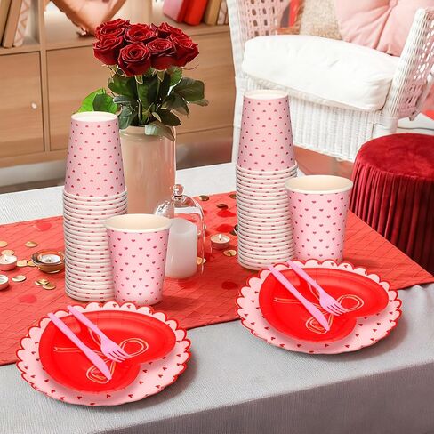 Zhehao 144 Pcs Valentine's Day Party Supplies Set for 24 Red Heart Bow Decorations Valentines Love Plates and Napkins Disposable Cup Valentine Tableware for Wedding Gathering Engagements Anniversary in Saudi Arabia
