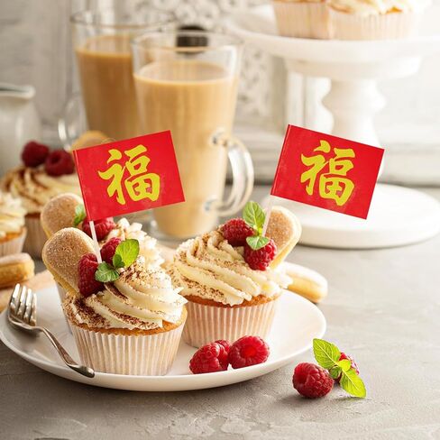 Chinese New Year Fu Gold Cupcake Topper Flags Banner Mini Small Chinese Blessing Toothpick Stick Flags Chinese New Year Happy Cake Party Theme Decorations(100Pcs) in Saudi Arabia