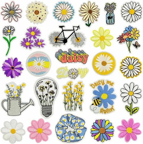 27PCS Daisy Flower Iron on Patches, Cute Floral Embroidered Iron on Patches for Clothes, Custom Colorful Applique for Hats, Jeans, Jackets, Bags, Backpacks, Dress in Saudi Arabia