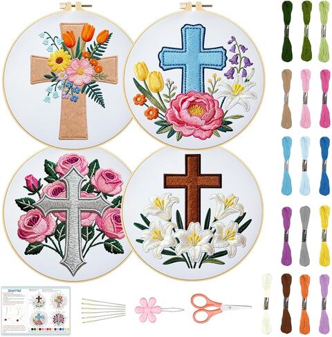 BEUNITONE Cross and Flowers Embroidery Kit for Beginners, DIY Stamped Needlepoint Craft with 4 Easy Patterns, Complete Starter Set for Relaxing Mindfulness Art and Creative Gift for Adults in Saudi Arabia