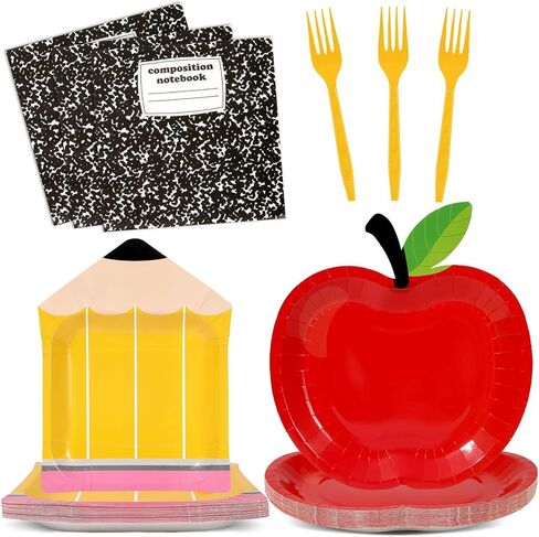 96 Pcs Back to School Tableware Set First Day of School Party Supplies Red Apple Pencil Paper Plates Composition Notebook Napkins Classroom Decoration for Kindergarten Preschool Teacher Party Serve 24 in Saudi Arabia