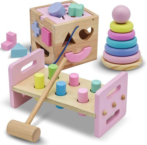 WALIKI Pounding Bench with Hammer, Wood Shape Sorter Box, Rainbow Stacker, Pastel Colors, Complete Set (3 Wooden Toys Bundle) in Kuwait