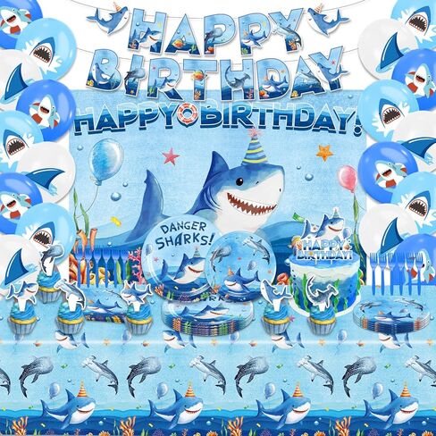 Shark Birthday Party Decorations, Shark Party Supplies with Birthday Banner, Backdrop, Tablecloth, Balloons, Plates, Napkins, Forks, Cake Topper, Cupcake Toppers in Saudi Arabia