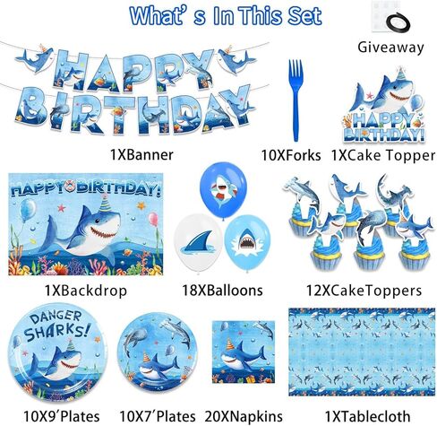 Shark Birthday Party Decorations, Shark Party Supplies with Birthday Banner, Backdrop, Tablecloth, Balloons, Plates, Napkins, Forks, Cake Topper, Cupcake Toppers in Saudi Arabia