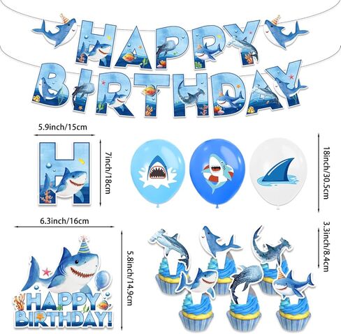 Shark Birthday Party Decorations, Shark Party Supplies with Birthday Banner, Backdrop, Tablecloth, Balloons, Plates, Napkins, Forks, Cake Topper, Cupcake Toppers in Saudi Arabia
