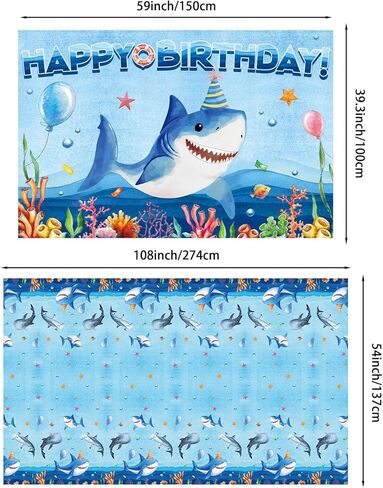 Shark Birthday Party Decorations, Shark Party Supplies with Birthday Banner, Backdrop, Tablecloth, Balloons, Plates, Napkins, Forks, Cake Topper, Cupcake Toppers in Saudi Arabia