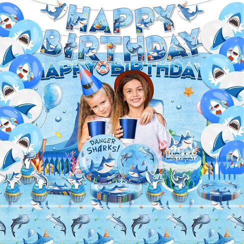 Shark Birthday Party Decorations, Shark Party Supplies with Birthday Banner, Backdrop, Tablecloth, Balloons, Plates, Napkins, Forks, Cake Topper, Cupcake Toppers in Saudi Arabia
