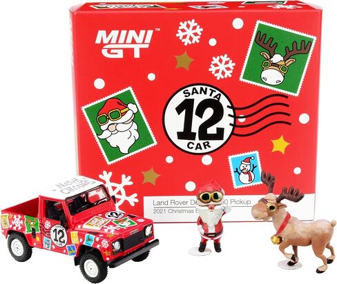 TRUE SCALE miniatures Defender 90 Pickup (RHD) 12 Santa Car Red & Santa Claus & Reindeer Figurines 2021 Christmas Ed. Ltd Ed 9999 pcs 1/64 Diecast Model by TSM MGT00320 in Saudi Arabia