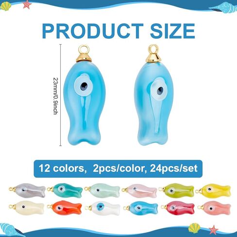 PH PandaHall 12 Colors Porcelain Fish Charms 24pcs Fish Shaped Pendants Ceramic Animal Pendants Lucky Charms with Brass Findings for DIY Necklace Holiday Gifts Party Decor Jewelry Making Supplies in Saudi Arabia