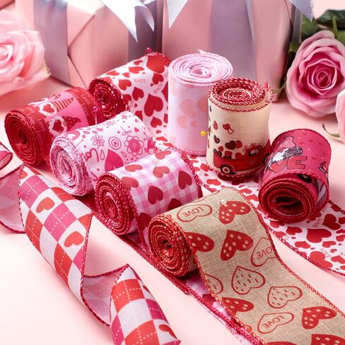 Waydress 9 Rolls Valentine's Day Wired Edge Ribbon for Wreaths 2.5 Inch x 27 Yards Red Love Heart Truck Pattern Ribbons for Valentines Gift Wrap DIY Crafts Wedding Birthday Party Decoration in Saudi Arabia
