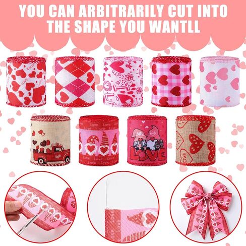 Waydress 9 Rolls Valentine's Day Wired Edge Ribbon for Wreaths 2.5 Inch x 27 Yards Red Love Heart Truck Pattern Ribbons for Valentines Gift Wrap DIY Crafts Wedding Birthday Party Decoration in Saudi Arabia