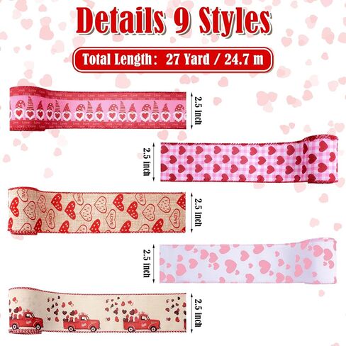 Waydress 9 Rolls Valentine's Day Wired Edge Ribbon for Wreaths 2.5 Inch x 27 Yards Red Love Heart Truck Pattern Ribbons for Valentines Gift Wrap DIY Crafts Wedding Birthday Party Decoration in Saudi Arabia