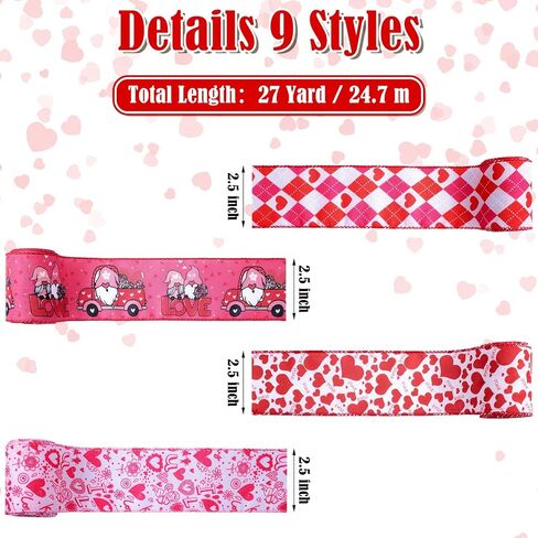 Waydress 9 Rolls Valentine's Day Wired Edge Ribbon for Wreaths 2.5 Inch x 27 Yards Red Love Heart Truck Pattern Ribbons for Valentines Gift Wrap DIY Crafts Wedding Birthday Party Decoration in Saudi Arabia