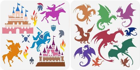 2Pcs Flying Dragon Castle Knight Stencils for Painting, 11.8"x11.8" Plastic Fantasy Stencil Drawing Template,DIY Craft Paint Templates for Wall Home Decor Wood Burning Canvas Journal Paper in Saudi Arabia