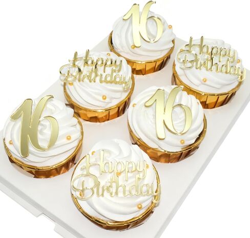 Happy Birthday Cupcake Party Decorations, Gold Mirror Acrylic，Acrylic Number Cupcake Topper,12 Pieces,16th Birthday Cake Toppers,16th Cupcake Topper,Sweet 16 (16th Birthday Cupcake) in Saudi Arabia