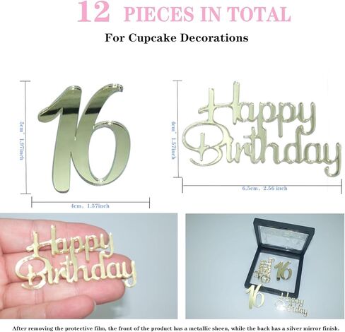Happy Birthday Cupcake Party Decorations, Gold Mirror Acrylic，Acrylic Number Cupcake Topper,12 Pieces,16th Birthday Cake Toppers,16th Cupcake Topper,Sweet 16 (16th Birthday Cupcake) in Saudi Arabia