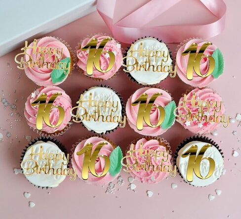 Happy Birthday Cupcake Party Decorations, Gold Mirror Acrylic，Acrylic Number Cupcake Topper,12 Pieces,16th Birthday Cake Toppers,16th Cupcake Topper,Sweet 16 (16th Birthday Cupcake) in Saudi Arabia