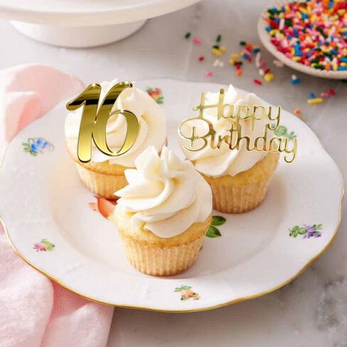 Happy Birthday Cupcake Party Decorations, Gold Mirror Acrylic，Acrylic Number Cupcake Topper,12 Pieces,16th Birthday Cake Toppers,16th Cupcake Topper,Sweet 16 (16th Birthday Cupcake) in Saudi Arabia