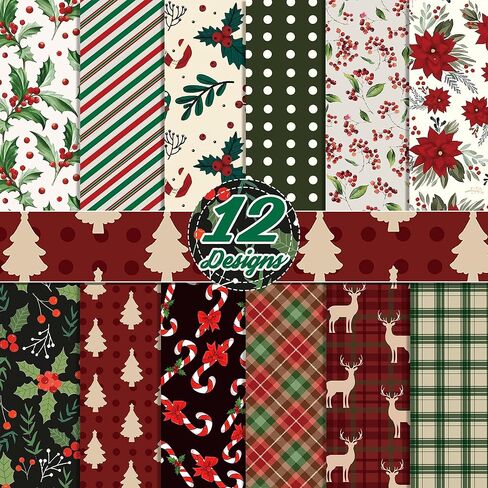 24 Sheets Christmas Pattern Pad 11.8'' x 11.8'' Vintage Christmas Scrapbook Paper Pad Red Green Textured Xmas Candy Canes Patterned Double-Sided Cardstock Paper for Background DIY Card Making Origami in Saudi Arabia