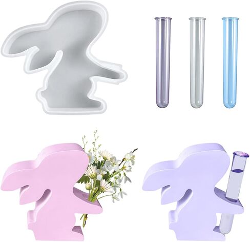 Rabbit Mold Vase Resin Mold with 3 Test Tubes, Planter Silicone Mold for DIY Plant Propagation Station, Flowers Preservation, Office Home Decoration, Easter Gift (Rabbit) in Saudi Arabia