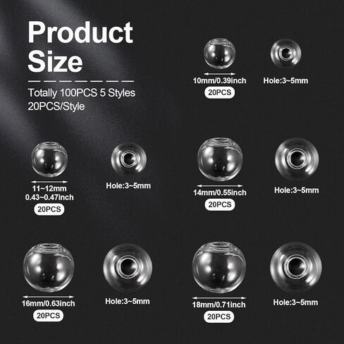 Beadthoven 100Pcs Round Clear Blown Glass Globe Beads 10/12/14/16/18mm Empty Wish Ball Bottles Mini Hollow Ball Charms for DIY Crafts Earrings Pendants Jewelry Making Lanyards Hanging Ornaments in Saudi Arabia
