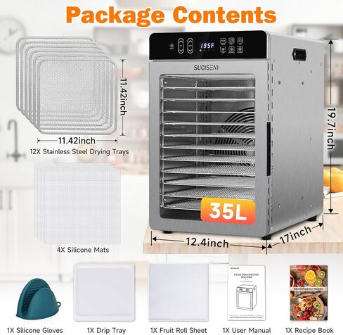 آلة تجفيف الطعام لـ Jerky 11ft²، 12 صينية 1000 واط مجفف من الفولاذ المقاوم للصدأ مع مؤقت 24 ساعة وتحكم في درجة الحرارة 195 درجة فهرنهايت، مجفف الطعام المجفف للحوم والفواكه والخضروات ومكافآت الكلاب in Kuwait