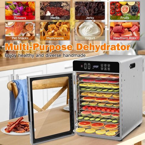 آلة تجفيف الطعام لـ Jerky 11ft²، 12 صينية 1000 واط مجفف من الفولاذ المقاوم للصدأ مع مؤقت 24 ساعة وتحكم في درجة الحرارة 195 درجة فهرنهايت، مجفف الطعام المجفف للحوم والفواكه والخضروات ومكافآت الكلاب in Kuwait