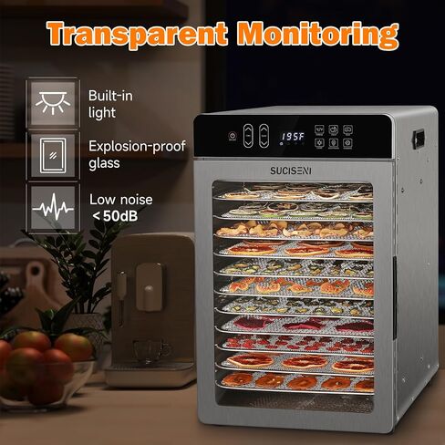 آلة تجفيف الطعام لـ Jerky 11ft²، 12 صينية 1000 واط مجفف من الفولاذ المقاوم للصدأ مع مؤقت 24 ساعة وتحكم في درجة الحرارة 195 درجة فهرنهايت، مجفف الطعام المجفف للحوم والفواكه والخضروات ومكافآت الكلاب in Kuwait