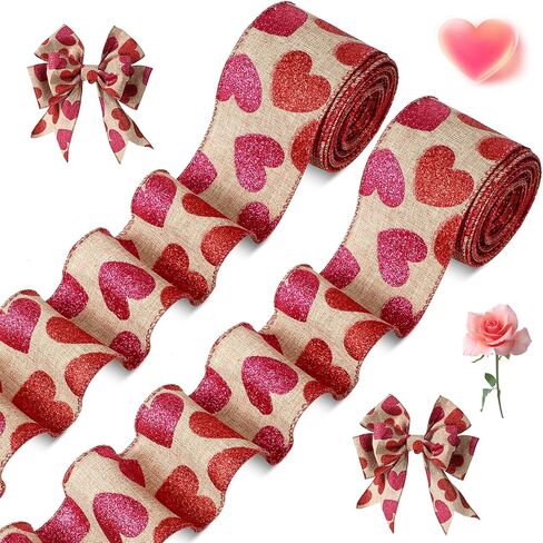 2 Roll 20 Yards Glitter Hearts Wired Edge Burlap Valentine Ribbon Valentine‘s Day Wired Ribbon for DIY Gift Wrapping Wreath Crafts Decoration(2.5 in,Natural, Red, Pink) in Saudi Arabia