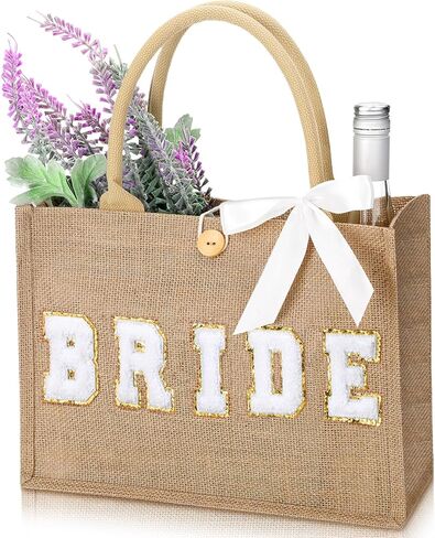 Silkfly Wedding Bride Bag Natural Jute Tote with Ribbon Bride Gift Bag with Handle for Shower(Silver Edges,Bride) in Saudi Arabia