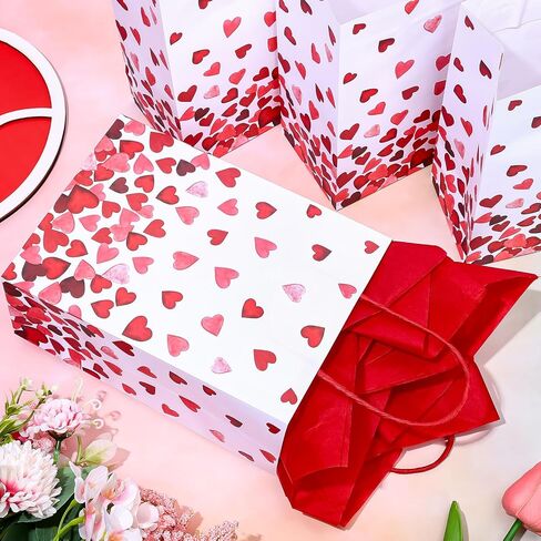 JarThenaAMCS 12 قطعة من أكياس الهدايا الورقية لعيد الحب مع مقابض مع 20 ورقة مناديل ورقية باللون الأحمر والوردي وقلب الحب وحقائب الحلوى للنساء وعيد الميلاد والذكرى السنوية لعيد الأم in Saudi Arabia