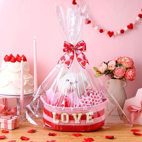 Pickmesh Valentine's Day Gift Basket Small Woven Basket with Gift Bags Tissue Paper Love Letters Bow Knot Clear Cellophane Bags Tags for Valentines Day Holiday Birthday Party Supplies in Saudi Arabia