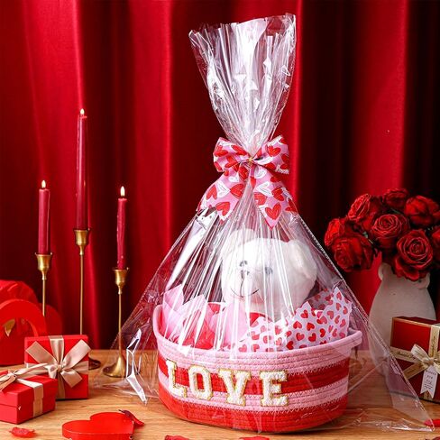 Pickmesh Valentine's Day Gift Basket Small Woven Basket with Gift Bags Tissue Paper Love Letters Bow Knot Clear Cellophane Bags Tags for Valentines Day Holiday Birthday Party Supplies in Saudi Arabia