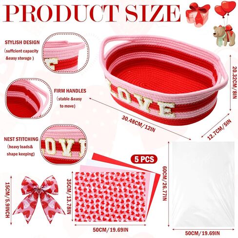 Pickmesh Valentine's Day Gift Basket Small Woven Basket with Gift Bags Tissue Paper Love Letters Bow Knot Clear Cellophane Bags Tags for Valentines Day Holiday Birthday Party Supplies in Saudi Arabia