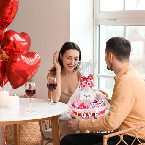Pickmesh Valentine's Day Gift Basket Small Woven Basket with Gift Bags Tissue Paper Love Letters Bow Knot Clear Cellophane Bags Tags for Valentines Day Holiday Birthday Party Supplies in Saudi Arabia
