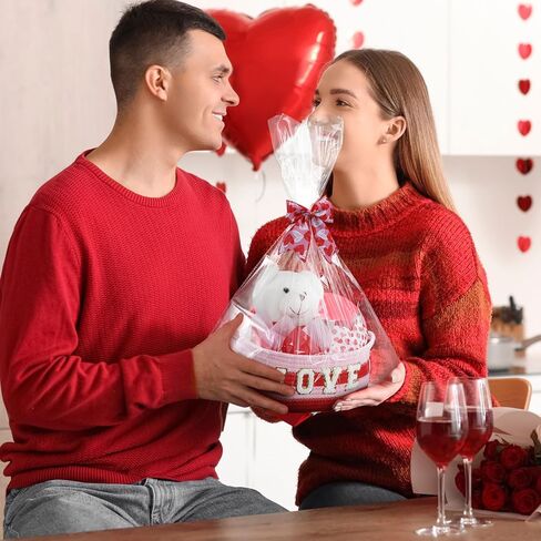Pickmesh Valentine's Day Gift Basket Small Woven Basket with Gift Bags Tissue Paper Love Letters Bow Knot Clear Cellophane Bags Tags for Valentines Day Holiday Birthday Party Supplies in Saudi Arabia