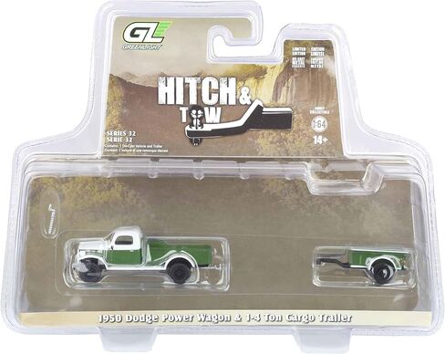 Greenlight 1/64 1950 Dodge Power Wagon مع مقطورة شحن 1/4 طن، أخضر وأبيض، سلسلة Hitch & Tow 32 32320-A in Kuwait
