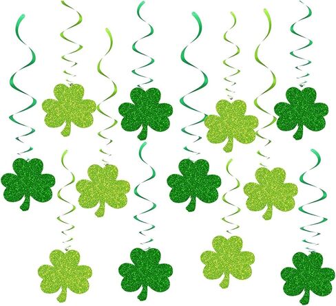 24Pcs St. Patrick's Day Hanging Swirls Decoration Green Glitter Shamrock Ceiling Spirals Steamers Ornament for Irish Holiday Birthday Party Supplies. in Kuwait