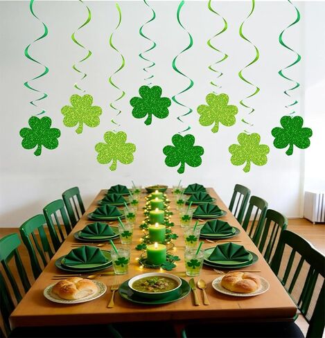 24Pcs St. Patrick's Day Hanging Swirls Decoration Green Glitter Shamrock Ceiling Spirals Steamers Ornament for Irish Holiday Birthday Party Supplies. in Kuwait