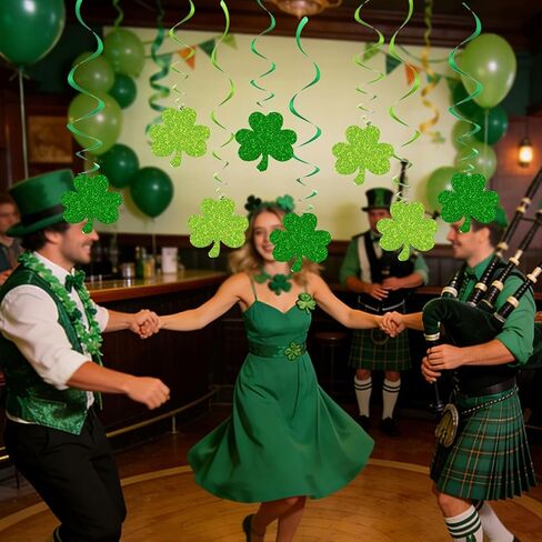 24Pcs St. Patrick's Day Hanging Swirls Decoration Green Glitter Shamrock Ceiling Spirals Steamers Ornament for Irish Holiday Birthday Party Supplies. in Kuwait
