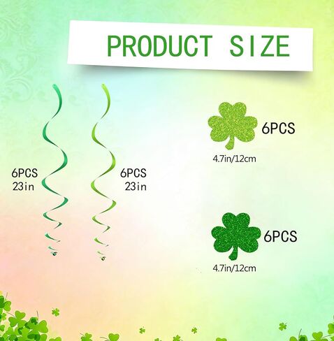 24Pcs St. Patrick's Day Hanging Swirls Decoration Green Glitter Shamrock Ceiling Spirals Steamers Ornament for Irish Holiday Birthday Party Supplies. in Kuwait