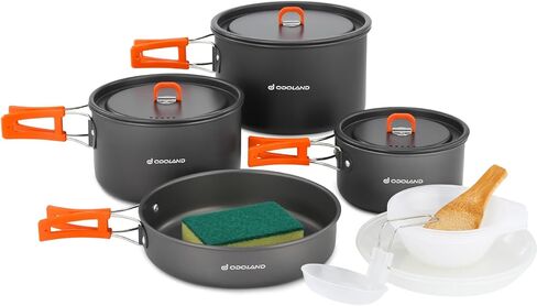 Odoland 15pcs Camping Cookware Non-Stick Lightweight Camping Pots and Pans Set with Kettle Plastic Plates Bowls Soup Spoon for Camping, Backpacking, Outdoor Cooking and Picnic in Kuwait