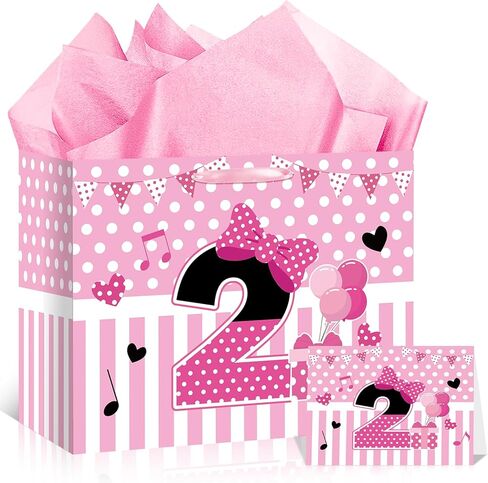 Cartoon Mouse 2nd Birthday Gift Bag Pink Mouse 2nd Birthday Bag with Tissue Paper and Card Pink Stripe Bow Two Years Old Gift Wrapping Paper Bags for Baby Girls Shower Princess 2 Year Old Party Decor in Saudi Arabia