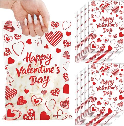Whaline 50Pcs Valentine's Day Party Favor Bag Plastic Treat Bags with Handles Red Heart Clear Candy Goodie Bags for Wedding Anniversary Snack Cookie Packing in Saudi Arabia