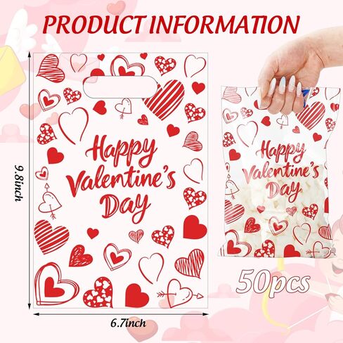 Whaline 50Pcs Valentine's Day Party Favor Bag Plastic Treat Bags with Handles Red Heart Clear Candy Goodie Bags for Wedding Anniversary Snack Cookie Packing in Saudi Arabia