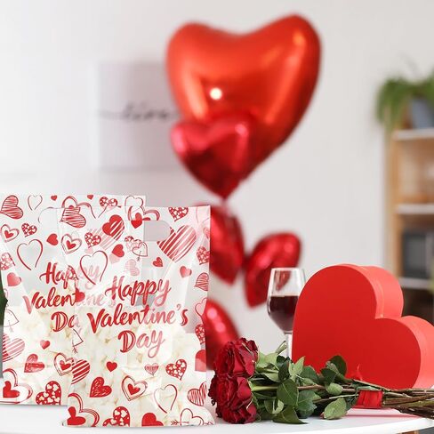 Whaline 50Pcs Valentine's Day Party Favor Bag Plastic Treat Bags with Handles Red Heart Clear Candy Goodie Bags for Wedding Anniversary Snack Cookie Packing in Saudi Arabia